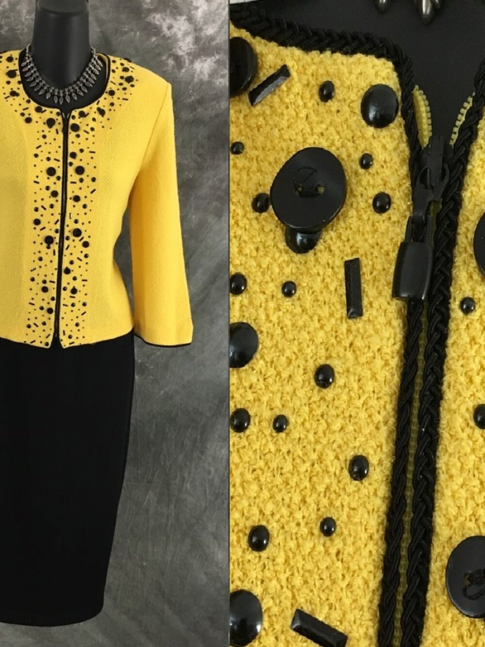 BEAUTIFUL st john collection knit yellow black embellished skirt suit size 4